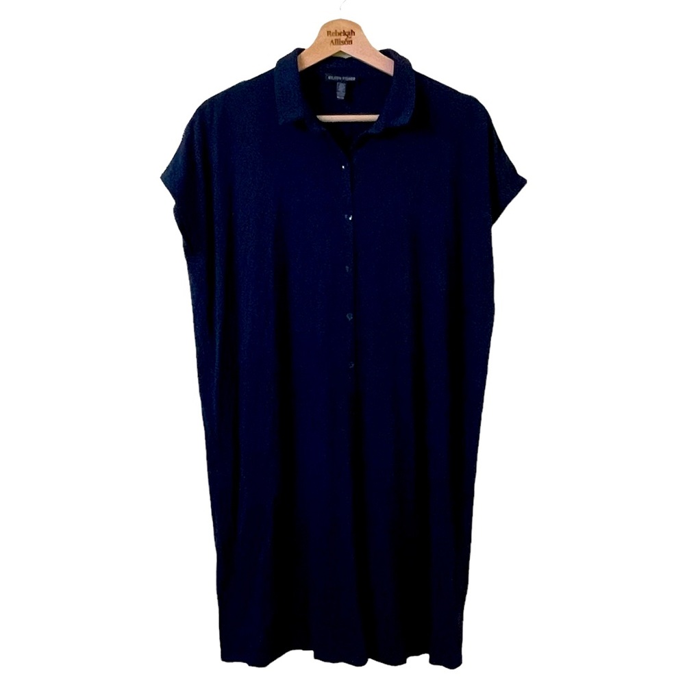 Eileen Fisher Navy Blue Collared Shirt Dress SZ XS